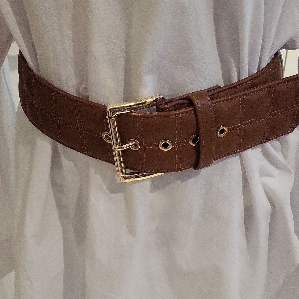 Brown Faux Leather Belt with Gold Buckle